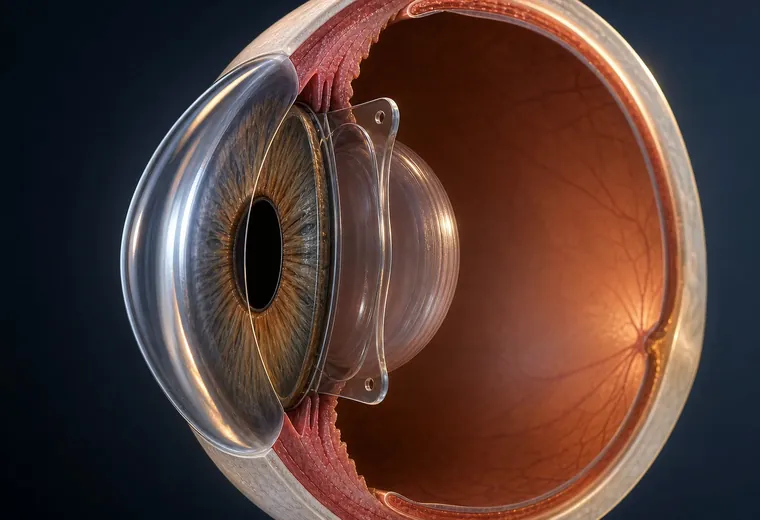 Ilustración anatómica de un lente fáquico dentro del ojo